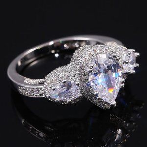 NEW 925 Silver Teardrop Diamond Halo Wedding Ring